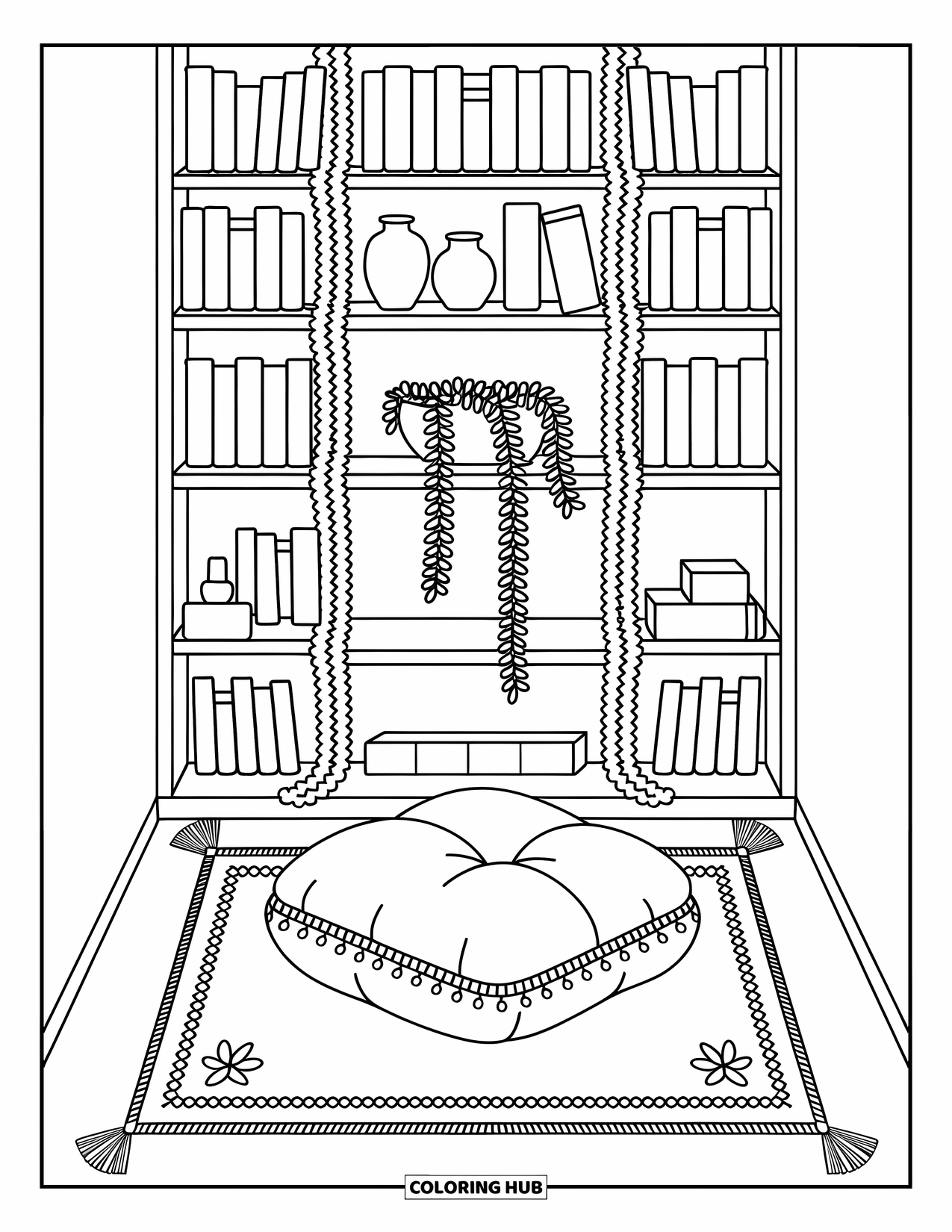 Bookshelf Coloring Page for Adults: Books, vases, and lace details above a cozy cushion and hand-stitched floral rug