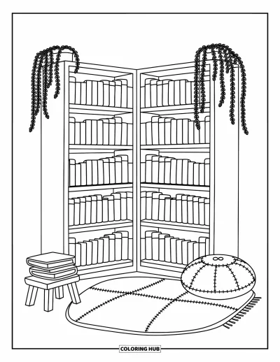 Coloriage d'étagère à livres pour adultes : Des livres aux dos arrondis remplissent une étagère en L à côté d'un coussin, d'un tapis et d'un repose-pieds