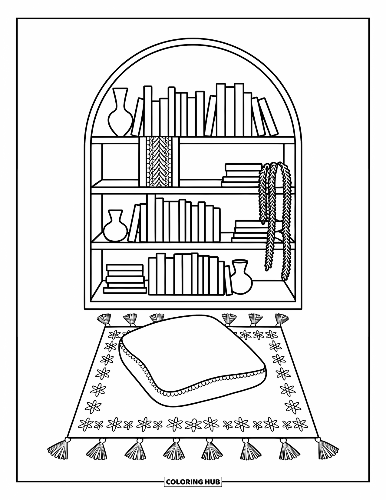 Bookshelf Coloring Page for Adults: Bookshelf in an alcove with vases, lace runners, and a floral rug with a cushion