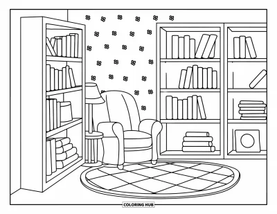 Coloriage d'étagère à livres pour adultes : Des bibliothèques tapissent un coin lecture avec une lampe, un fauteuil, un tapis patchwork et un mur fleuri