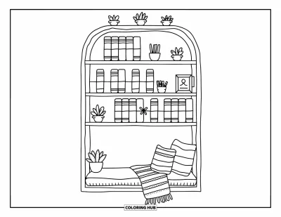 Coloriage d'étagère à livres pour adultes : Bibliothèque intégrée avec des livres, des plantes et un siège de fenêtre confortable rempli de coussins