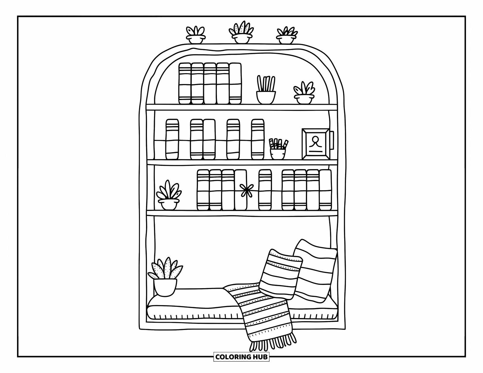 Bookshelf Coloring Page for Adults: Built-in bookshelf with books, plants, and a cozy window seat full of pillows