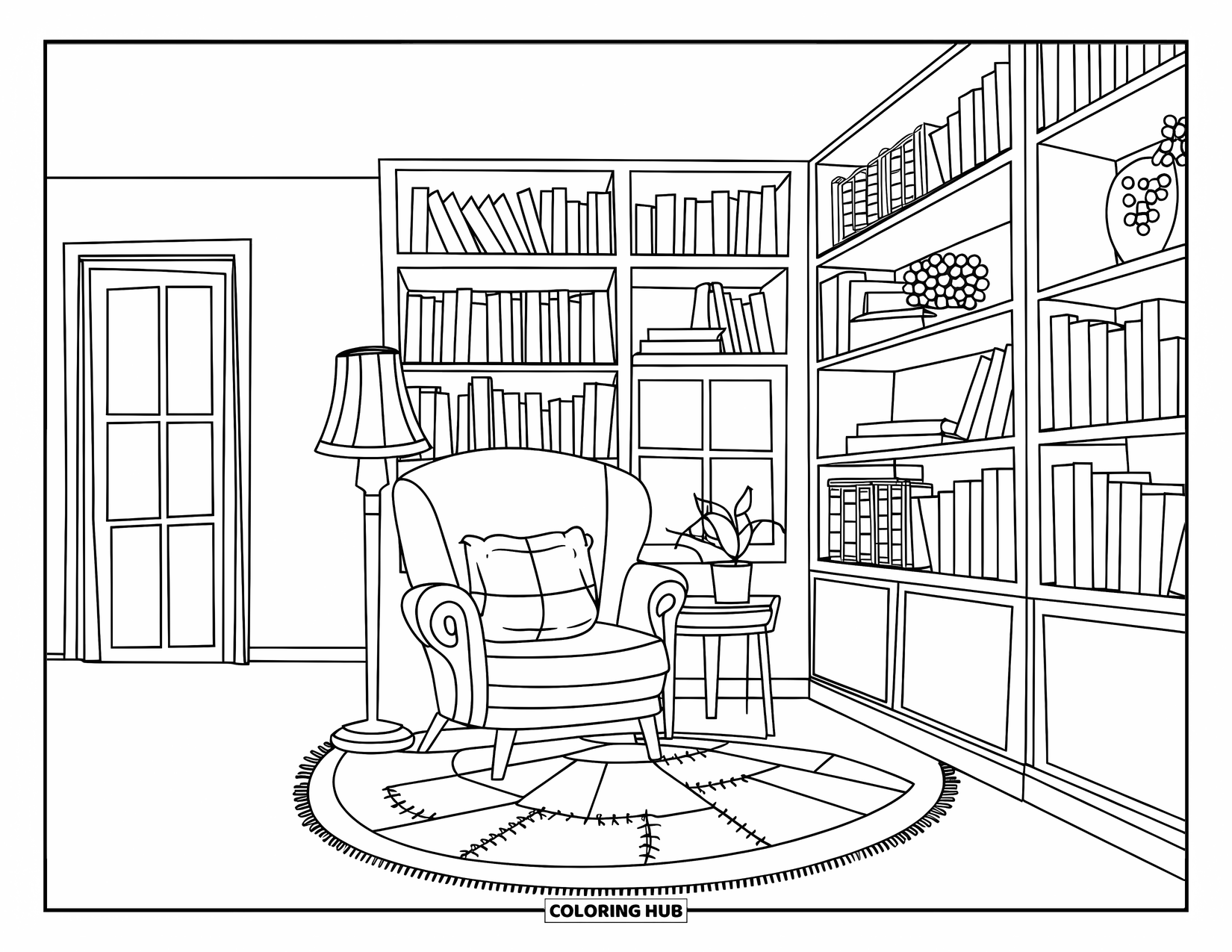 Bookshelf Coloring Page for Adults: Corner nook with books, chair, table, plant, and a cozy cushioned setup