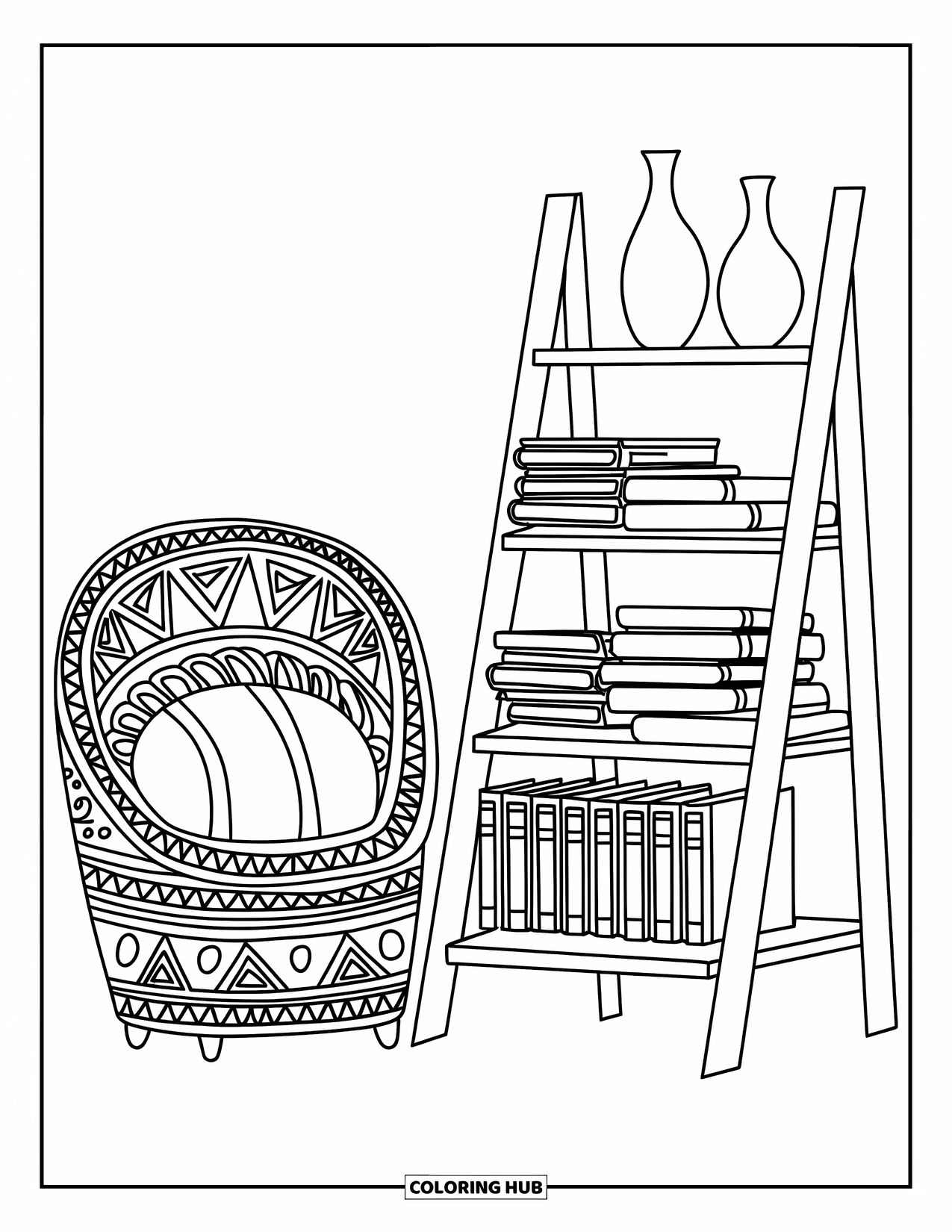 Bookshelf Coloring Page for Adults: Cozy nook with a ladder shelf, journals, vases, and a cushioned chair