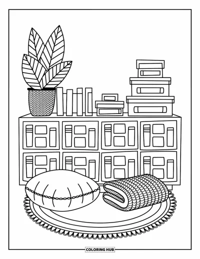 Coloriage d'étagère à livres pour adultes : Étagère à compartiments avec des livres, une grande plante, des boîtes gigognes et un coin sol agréable
