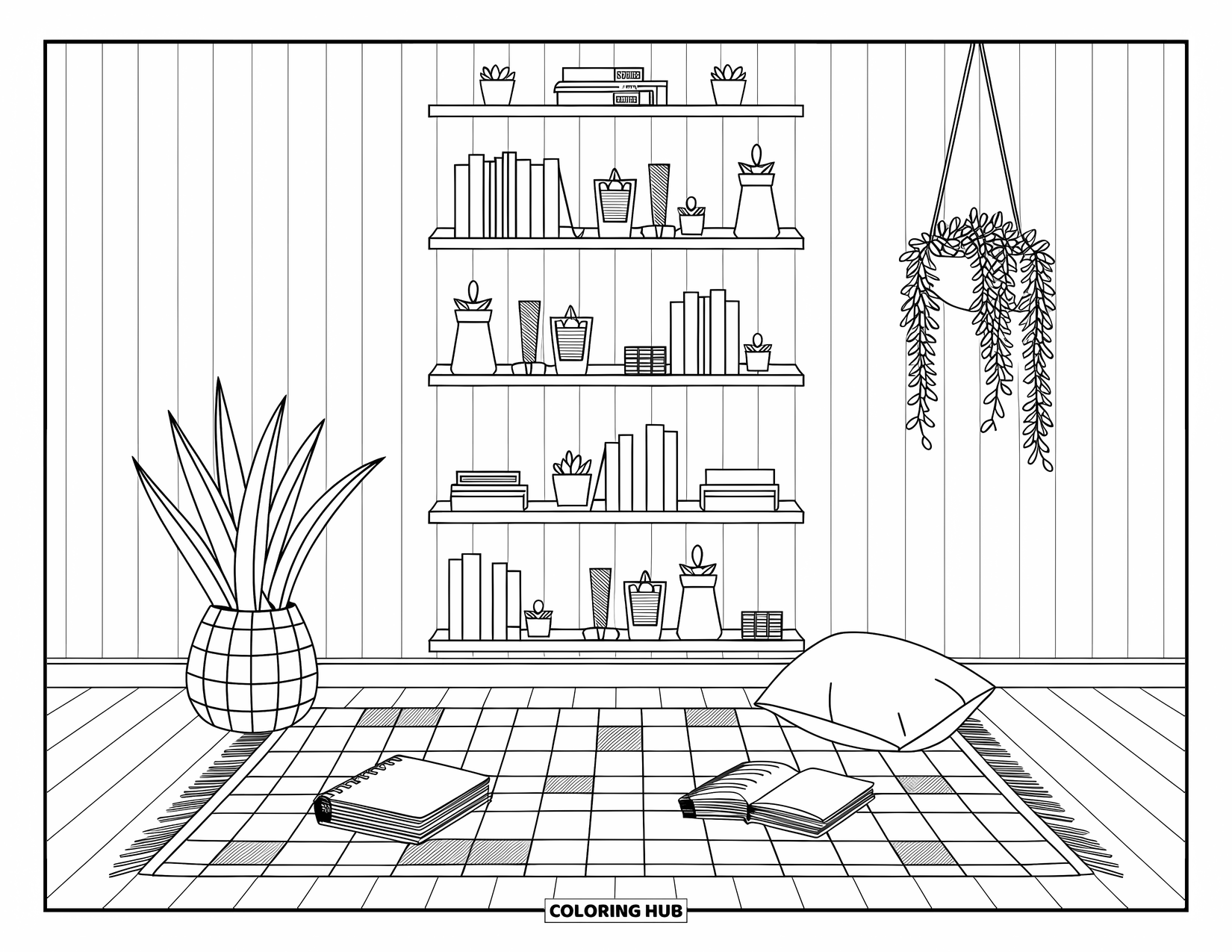 Bookshelf Coloring Page for Adults: Floating bookshelves filled with books and candles above a rug, cushion, and hanging plant