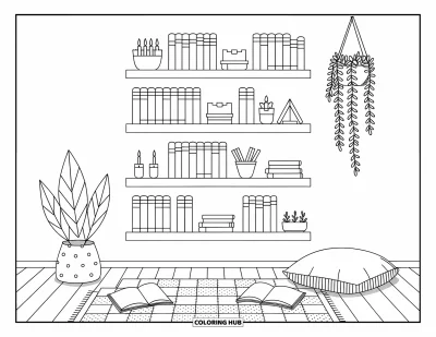 Coloriage d'étagère à livres pour adultes : Des étagères flottantes accueillent de jolis objets au-dessus d'un tapis avec des carnets et un coussin de sol