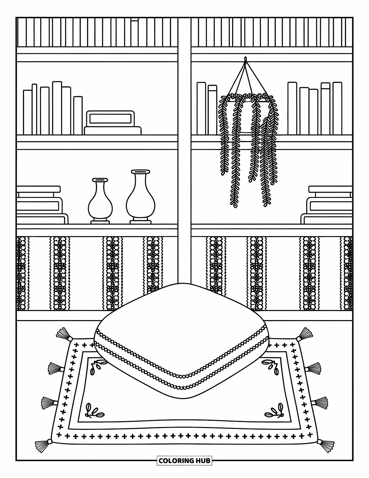 Bookshelf Coloring Page for Adults: Floor-to-ceiling shelf with plants, lace runners, and a cushion on a stitched floral rug