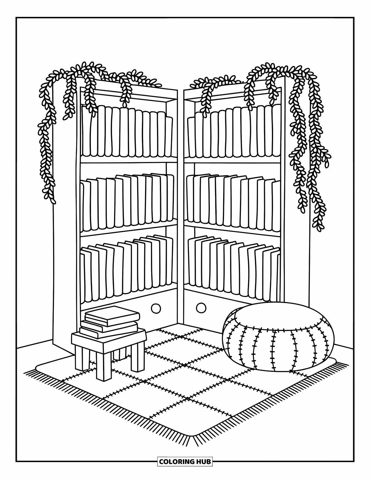 Bookshelf Coloring Page for Adults: L-shaped shelf with rounded books, trailing plants, and a soft rug with a cushion