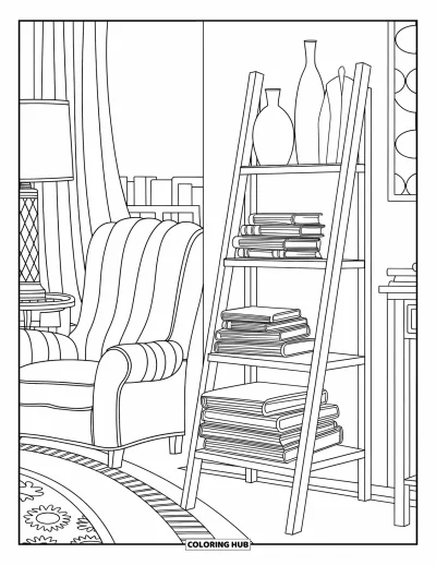Coloriage d'étagère à livres pour adultes : Bibliothèque échelle avec des carnets, des vases, un fauteuil, un tapis, une lampe et un mur à motifs