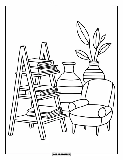 Coloriage d'étagère à livres pour adultes : Étagère ouverte style échelle avec des carnets, des vases et un fauteuil confortable à côté
