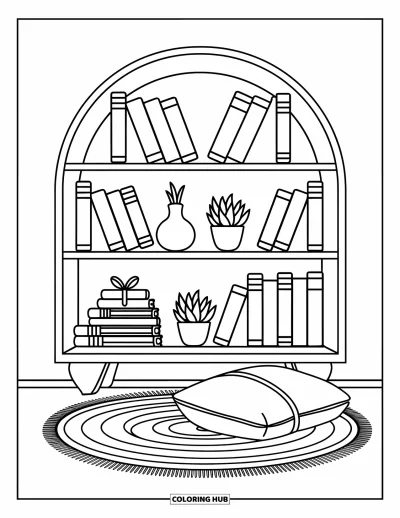 Coloriage d'étagère à livres pour adultes : Des livres colorés, des carnets et des plantes grasses garnissent une étagère arrondie près d'un coussin et d'une natte