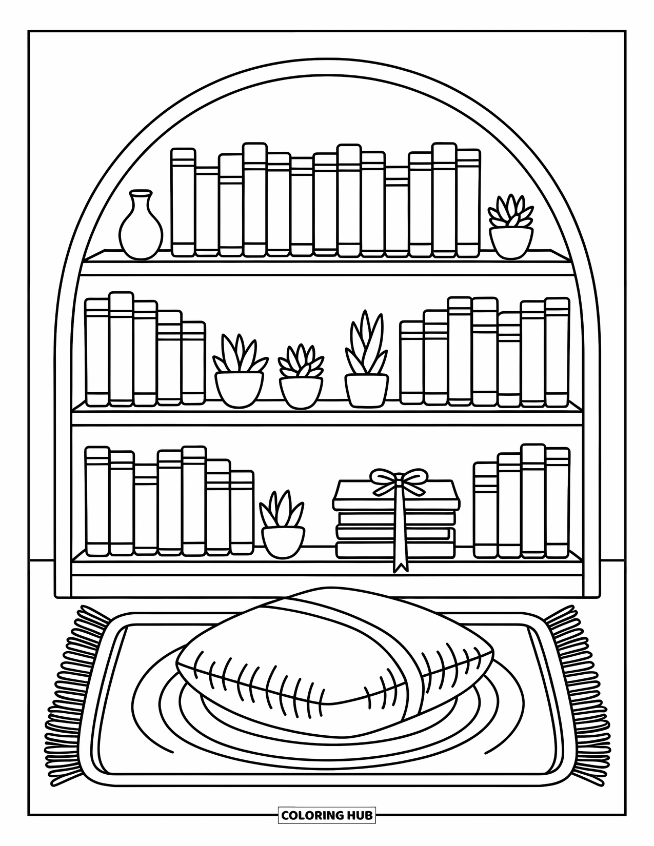 Bookshelf Coloring Page for Adults: Round-arched bookshelf with leaning books, plants, and a ribbon-tied journal stack