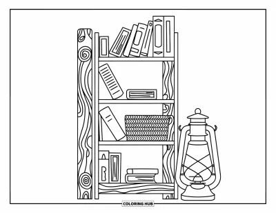 Coloriage d'étagère à livres pour adultes : Bibliothèque rustique avec des recueils de poèmes, un panier tressé et une lanterne pour une atmosphère chaleureuse