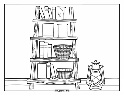 Coloriage d'étagère à livres pour adultes : Bibliothèque rustique avec des planches irrégulières, des recueils de poèmes et une lanterne contre un mur blanc