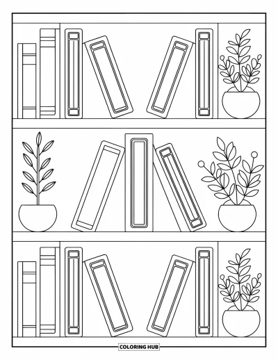 Coloriage d'étagère à livres pour adultes : Bibliothèque symétrique avec des livres reliés et des plantes dans un agencement propre et serein