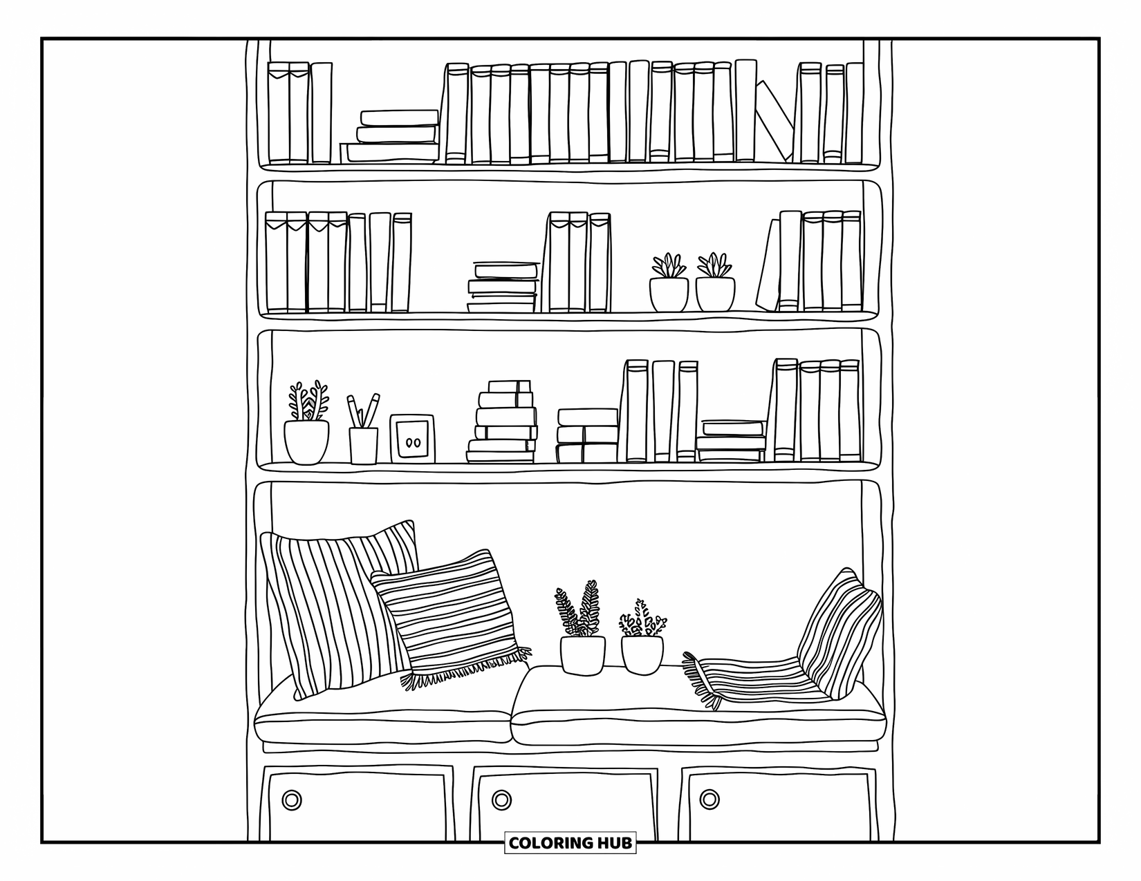 Bookshelf Coloring Page for Adults: Tall built-in shelf with books, jars, plants, and a soft pillow-filled window seat