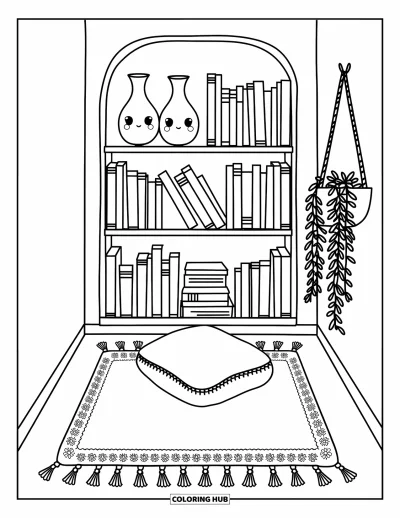 Coloriage d'étagère à livres pour adultes : Grande étagère avec des vases, de la dentelle et un tapis épais avec un coussin de sol carré