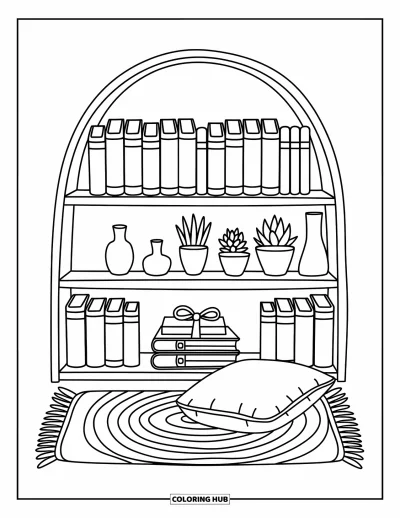 Coloriage d'étagère à livres pour adultes : Bibliothèque ronde fantaisiste avec des livres, des plantes grasses et un coussin plié sur une natte tressée