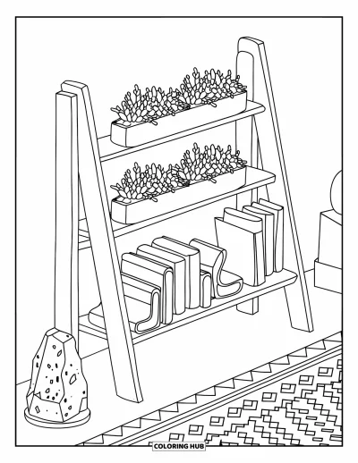 Coloriage d'étagère à livres pour adultes : Grande bibliothèque près d'un sol à motifs avec des piles de livres, des plantes et une lampe lumineuse