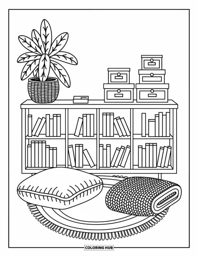 Coloriage d'étagère à livres pour adultes : Grande bibliothèque avec des compartiments, une plante feuillue, des boîtes étiquetées et un coussin de sol