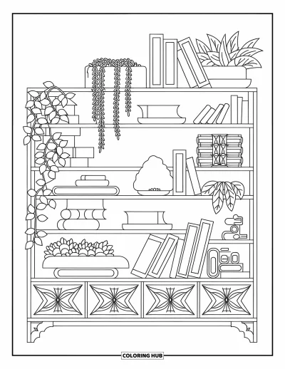 Coloriage d'étagère à livres pour adultes : Grande étagère en bois avec des livres, des plantes et une lampe en sel lumineuse dans un décor charmant
