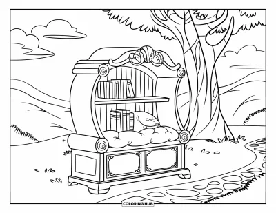 Coloriage d'étagère à livres pour enfants : Étagère-banc remplie de livres avec un siège moelleux sous un arbre