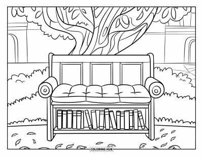 Coloriage d'étagère à livres pour enfants : Étagère-banc sous un arbre avec des livres et des feuilles tombées