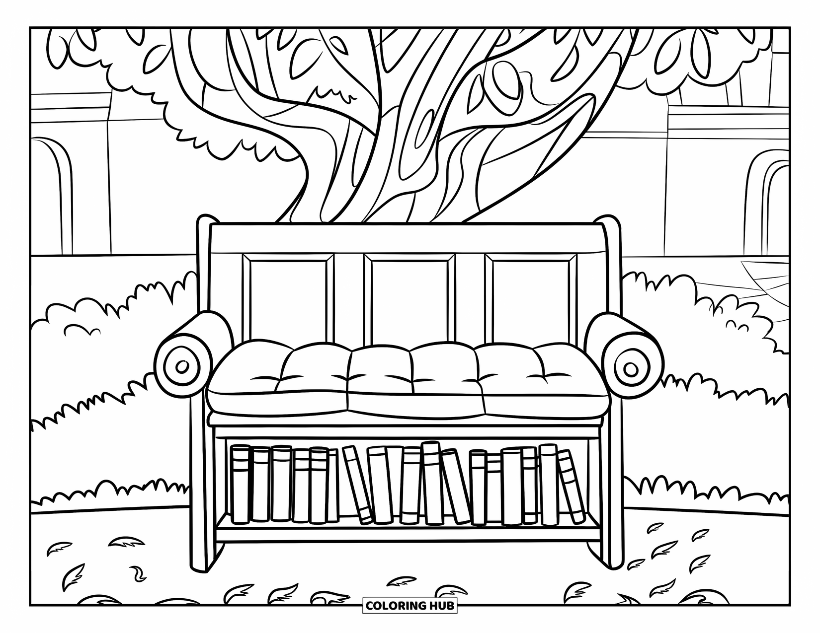 Bookshelf Coloring Page for Kids: Bench shelf under a tree with books and fallen leaves