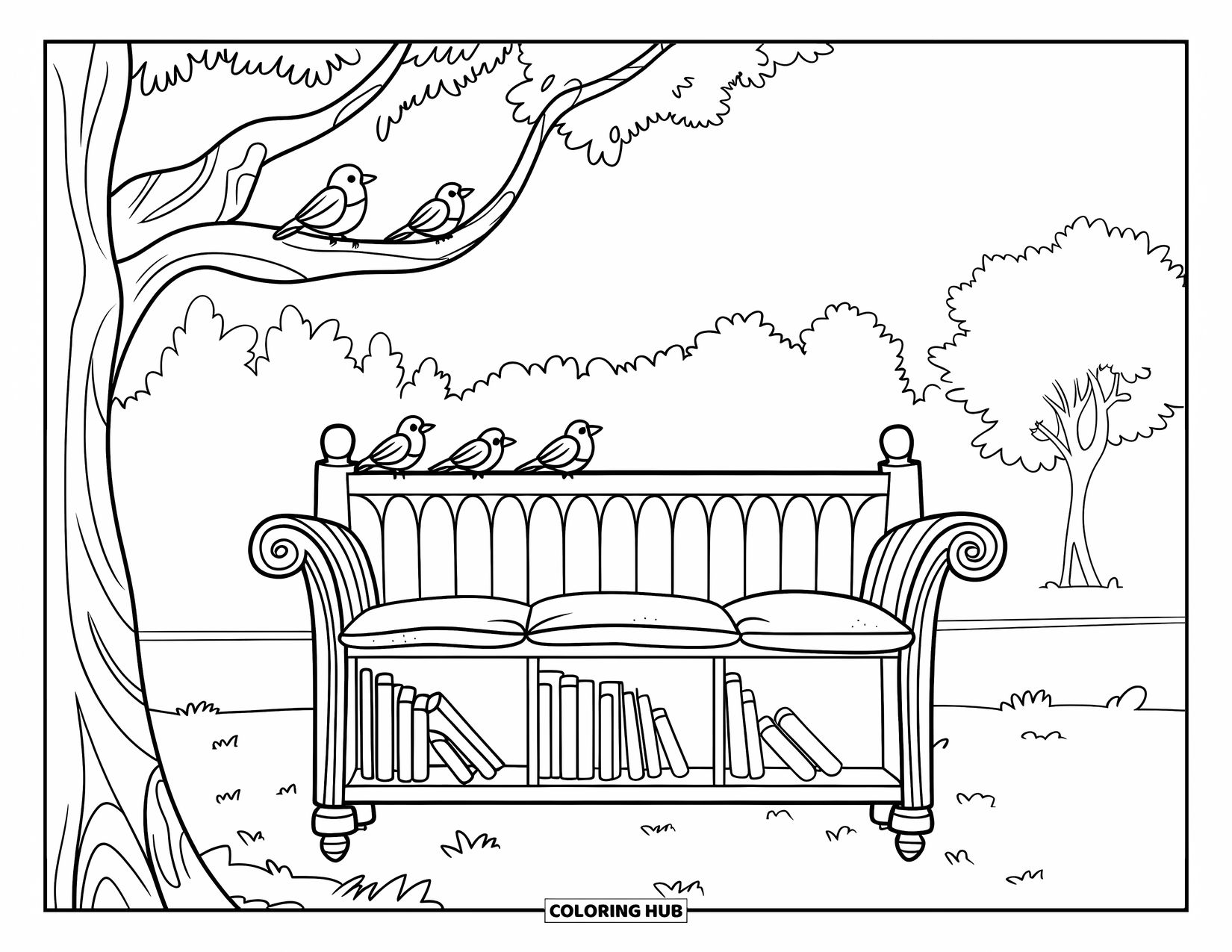 Bookshelf Coloring Page for Kids: Bench-style shelf with books and birds nearby in the park