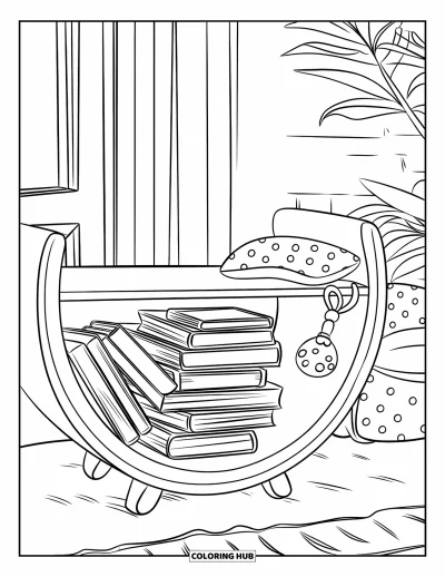 Coloriage d'étagère à livres pour enfants : Bibliothèque près de la fenêtre avec des livres, un coussin, un hochet et une plante