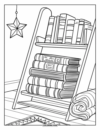 Coloriage d'étagère à livres pour enfants : Coin bibliothèque avec des histoires classiques et une étoile suspendue scintillante