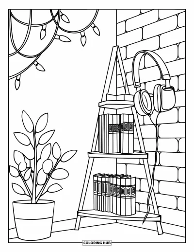 Coloriage d'étagère à livres pour enfants : Coin bibliothèque avec des mangas, des guirlandes lumineuses et une plante feuillue
