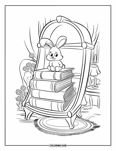 Coloriage d'étagère à livres pour enfants : Bibliothèque avec de grands livres, un lapin, un tapis, des fleurs et une chaise à côté