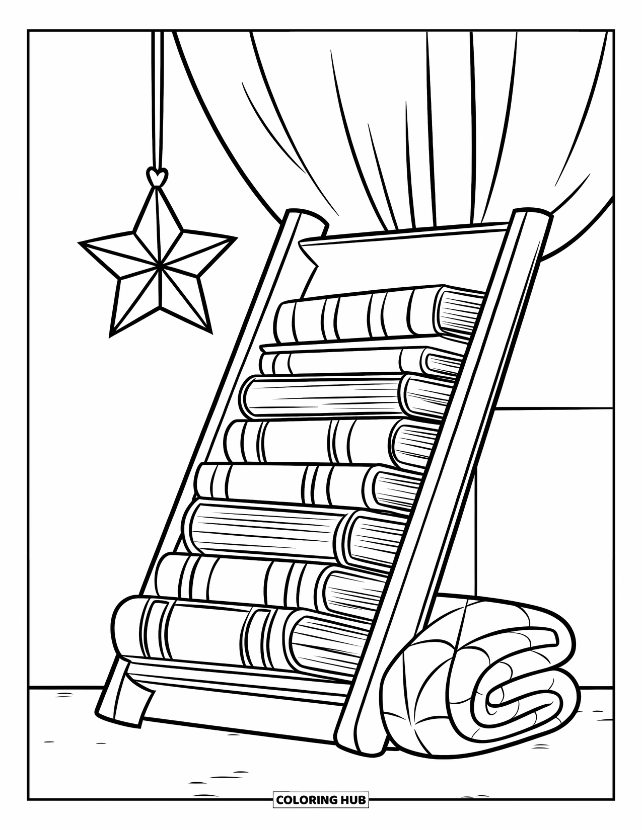 Bookshelf Coloring Page for Kids: Bookshelf with hanging star and a folded quilt nearby