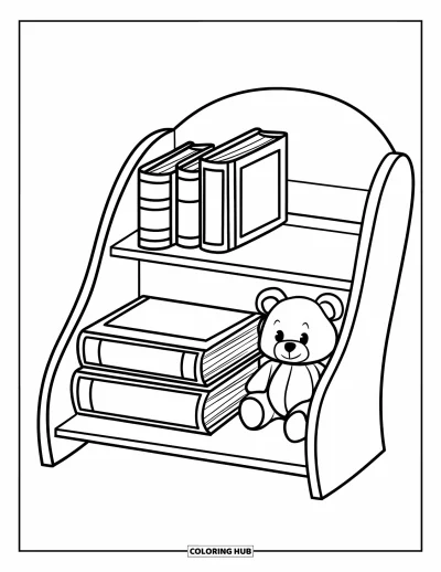 Coloriage d'étagère à livres pour enfants : Bibliothèque avec de grands livres et un ours en peluche posé sur l'étagère du bas