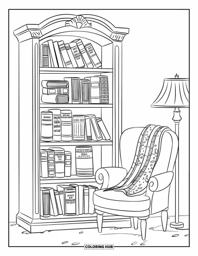 Coloriage d'étagère à livres pour enfants : Bibliothèque avec des livres d'histoires et une écharpe posée sur un fauteuil accueillant