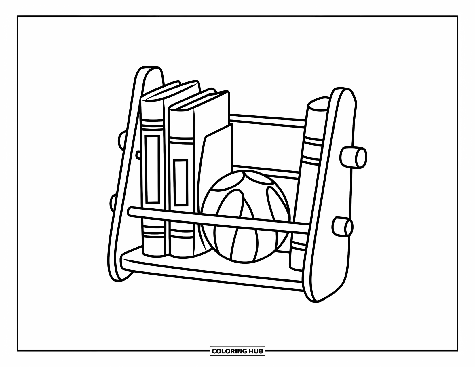 Bookshelf Coloring Page for Kids: Boxy shelf with books and a ball nestled between wooden pegs