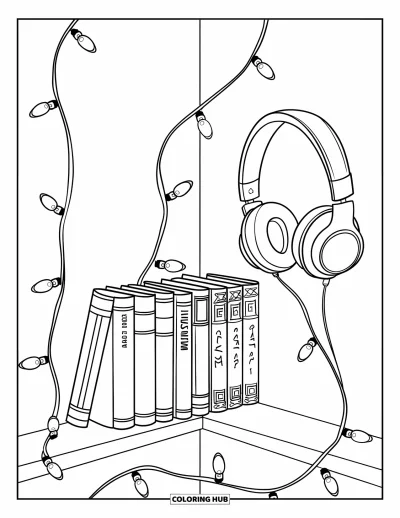 Coloriage d'étagère à livres pour enfants : Étagère d'angle avec des mangas, un casque audio et des guirlandes lumineuses