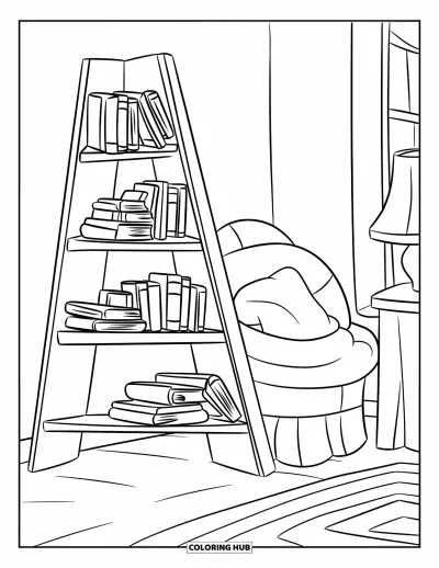Coloriage d'étagère à livres pour enfants : Coin douillet avec une étagère à niveaux, des livres appuyés, un coussin, un tapis et une lampe