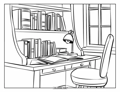 Coloriage d'étagère à livres pour enfants : Bureau avec des manuels scolaires, une lampe apaisante et un fauteuil confortable près de la fenêtre