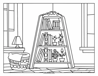 Coloriage d'étagère à livres pour enfants : Étagère d'angle de conte de fées avec des plantes, des livres et un panier à couvertures