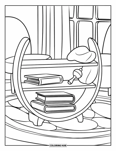 Coloriage d'étagère à livres pour enfants : Bibliothèque en demi-lune avec des livres, un coussin, un hochet, un tapis et une fenêtre avec des rideaux