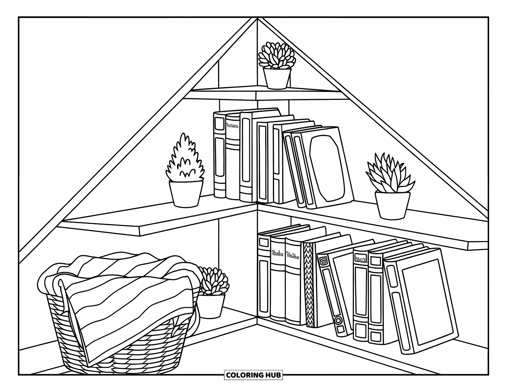 Bookshelf Coloring Page for Kids: Magical book corner with fairy tales, plants, and a striped blanket