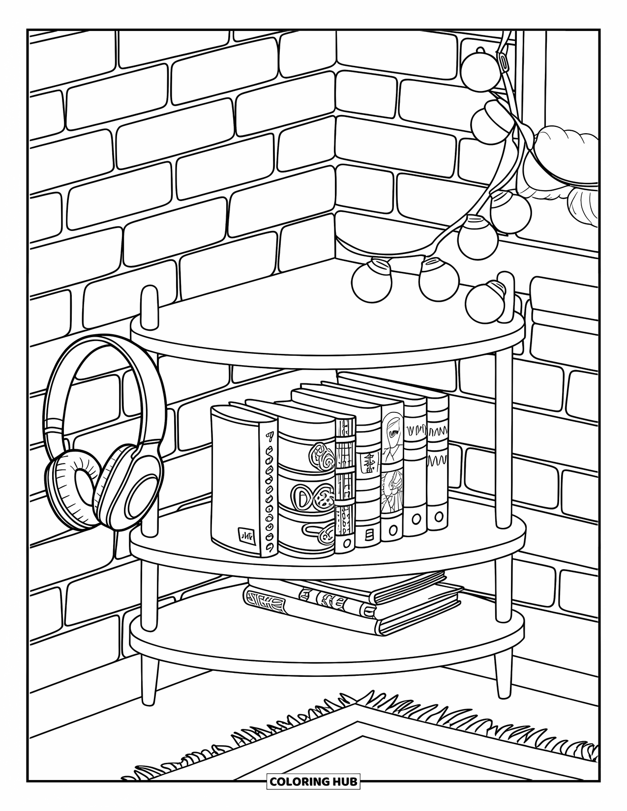 Bookshelf Coloring Page for Kids: Manga corner with cozy lights and a soft rug