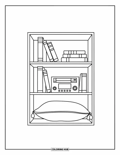 Coloriage d'étagère à livres pour enfants : Étagère cube minimaliste avec des recueils de poèmes, une chaîne stéréo et un coussin