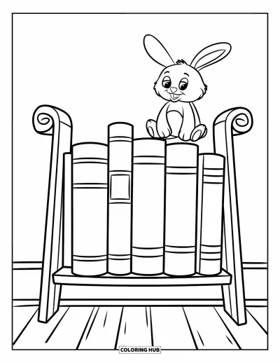 Coloriage d'étagère à livres pour enfants : Étagère étroite avec de grands livres et un lapin en peluche dans une mise en scène ludique