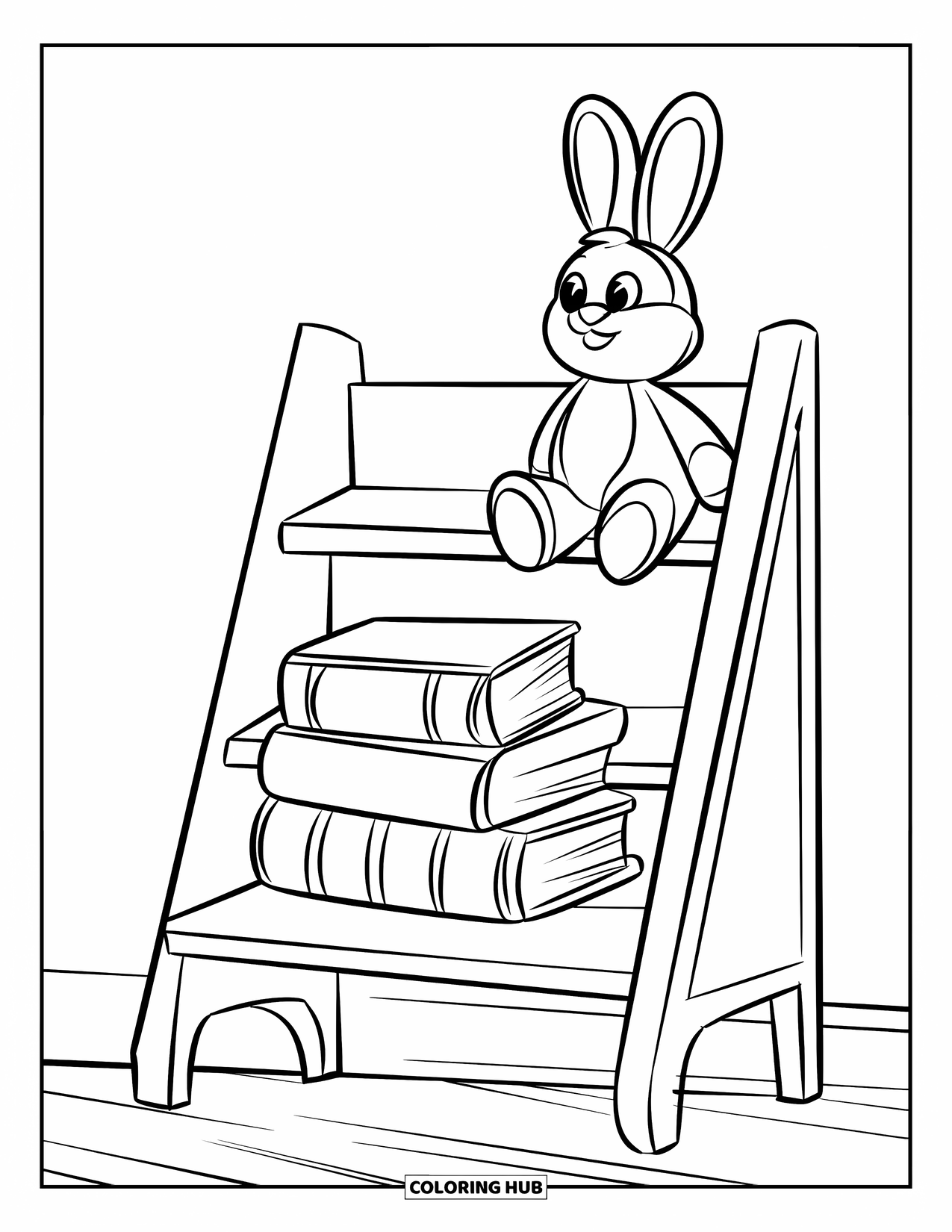 Bookshelf Coloring Page for Kids: Narrow bookshelf with books and a stuffed bunny against a plain wall