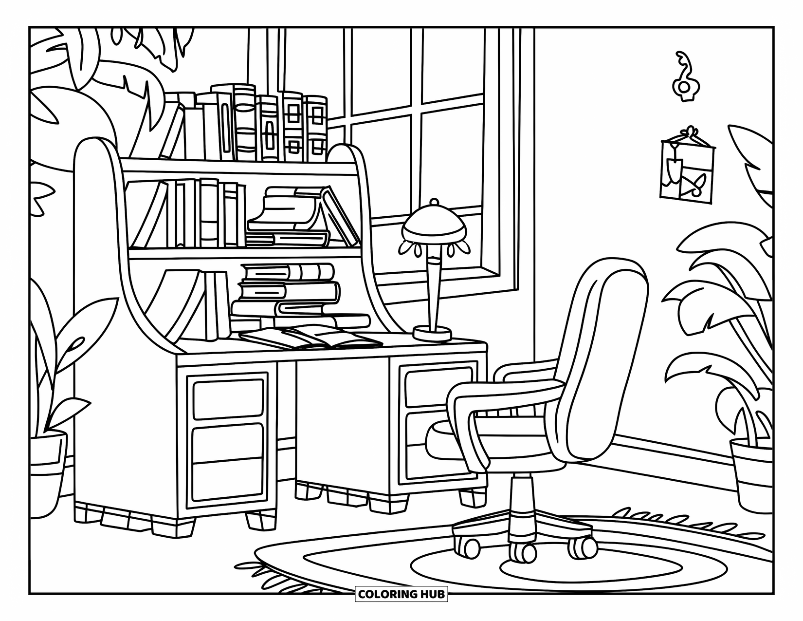Bookshelf Coloring Page for Kids: Roomy desk scene with books, a lamp, and a comfy chair by the window