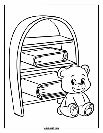 Coloriage d'étagère à livres pour enfants : Étagère arrondie avec de grands livres et un ours en peluche assis à côté